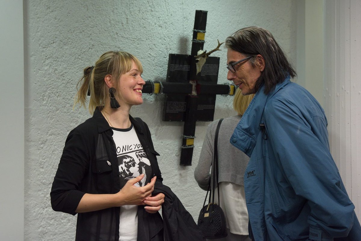 Maša Jazbec, intermedia artist and the Zasavje Region Personality of 2018 enjoying the event with legendary Dejan Knez, musician, painter, founder and former member of the music group Laibach.